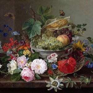 Flower still life with fruit basket